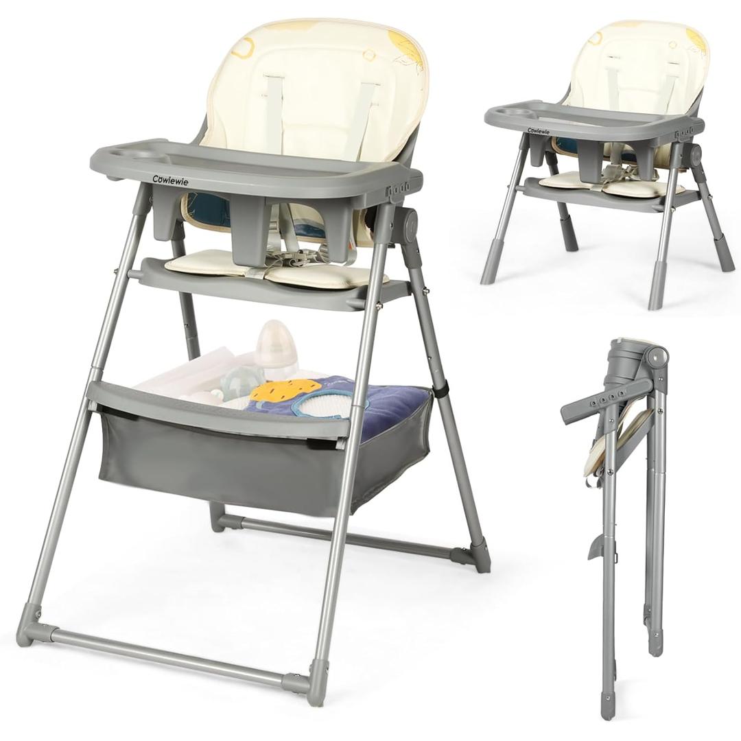 Cowiewie 2-in-1 Fold High Chair for Babies and Toddlers, Convertible Compact Highchair for Dining Table with Removable Tray, Water Resistant Cushion and Harness(Grey)