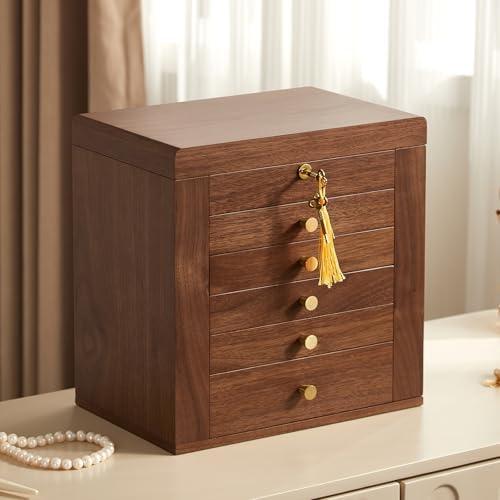 Homruilink Black Walnut Wooden Jewelry Box, 6 Layer Wood Jewelry Organizer with 2 Side Doors Mirror Lockable Classical Style for Watch Necklace Ring Earring Storage Gifts