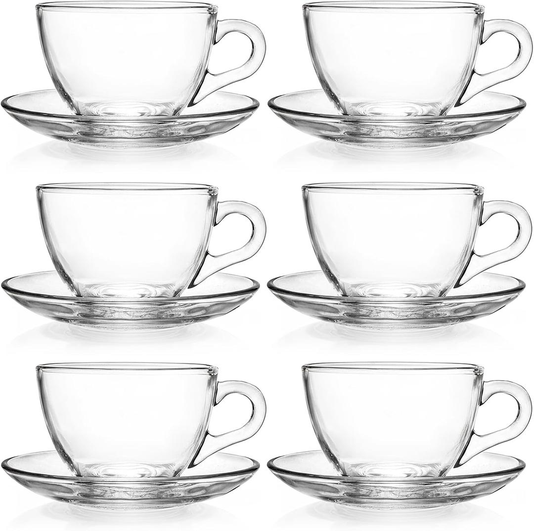 Tosnail 6 Pack 7-Ounce Glass Tea Cups and Saucers Sets Glass Coffee Mugs