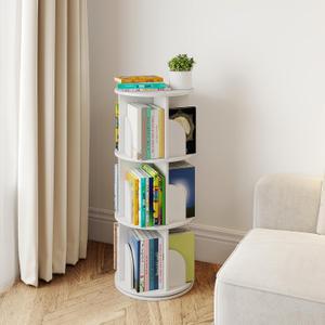 3 Tier Rotating Bookshelf, 360 Display Spinning Bookcase, Corner Bookshelf, Floor Standing Revolving Bookcase Storage Rack, Narrow Book Shelf Organizer for Small Space, Bedroom, Office, White