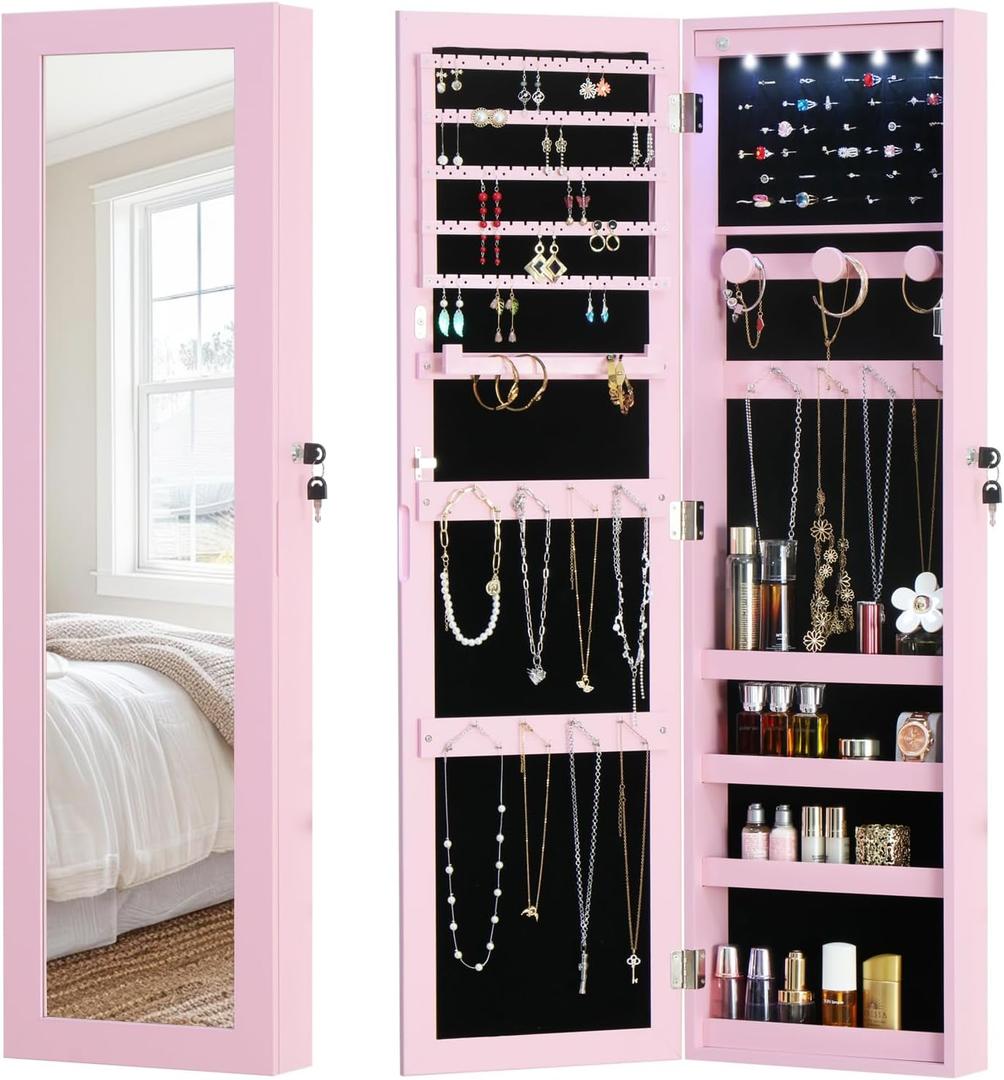 Full Length Mirror Jewelry Cabinet Organizer Lockable Door Wall-Mounted Jewelry Armoire with Shelves and Behind the Door Storage Pink