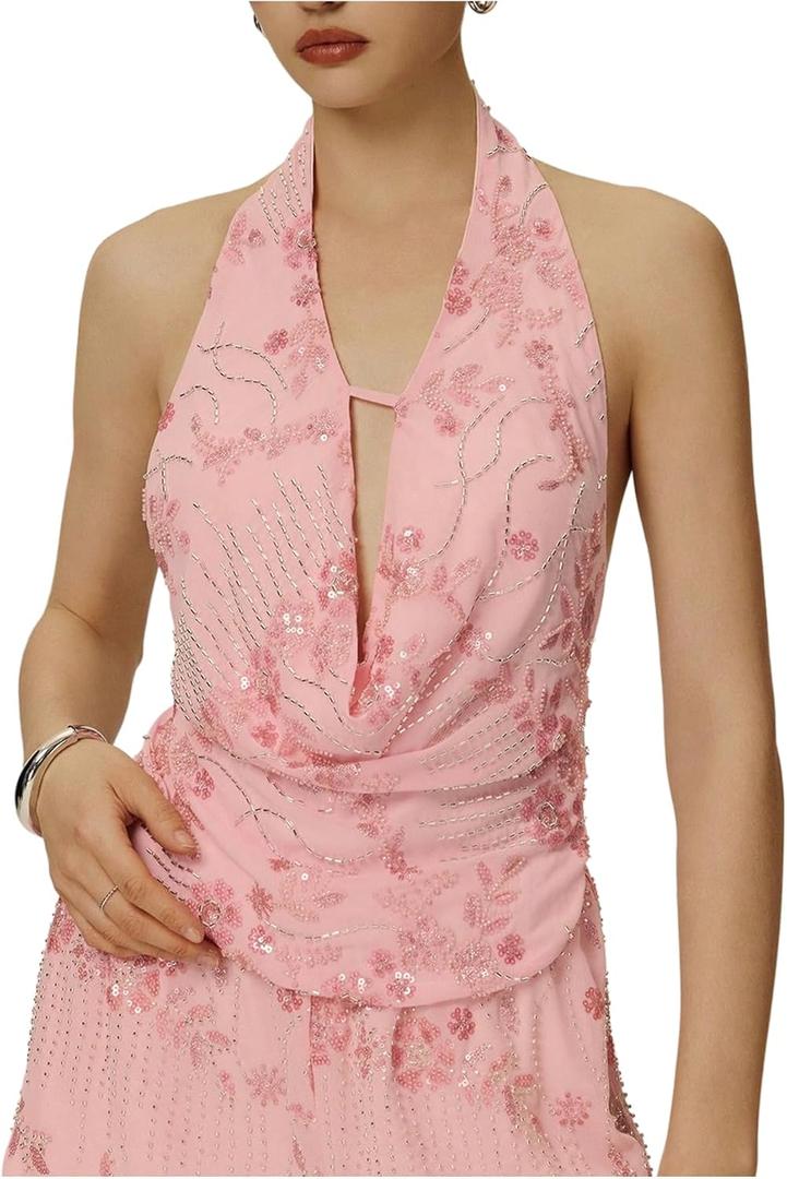 WDIRARA Women's Floral Sparkly Sequin Draped Halter Top Sexy Cut Out Backless Sleeveless Top (Pink, L)
