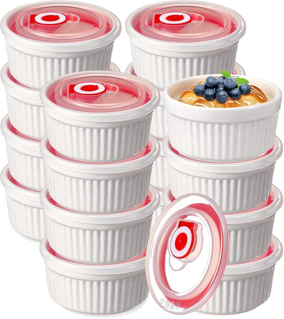 12 Pack 8 oz Ramekins with Lids Oven Safe Porcelain Creme Brulee Ramekins with Covers White Pudding Custard Cups Stackable Ramekins Ceramic Bowls for Baking Dishwasher Ice Cream Serving Dip