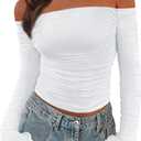 PRETTYGARDEN Womens Long Sleeve T Shirts Casual Off Shoulder Ruched Mesh Slim Fit Crop Tops Going Out Summer Blouses (Small, White)