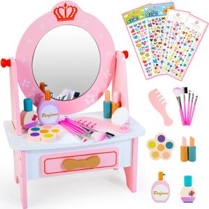 Wooden Vanity Set for Kids, Pretend Play Toddler Makeup Vanity with Acrylic Mirror, Beauty Salon Play Set for Little Girls Age 3+, Toys Gifts Includes Makeup Accessories and Bonus Stickers
