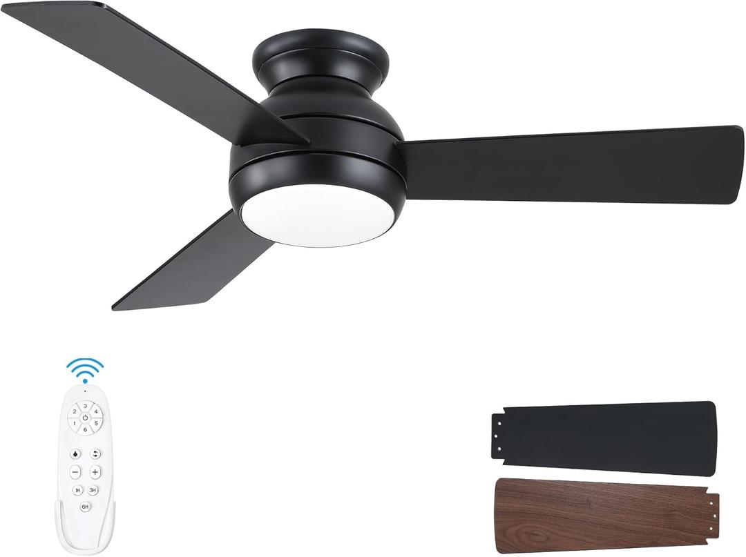 42 Inch Ceiling Fans with Lights and Remote, Black Low Profile Ceiling Fan with Light, Flush Mount, Reversible, 6 Speeds, 3CCT Dimmable, Bedroom Indoor/Outdoor Patios Use