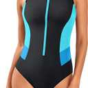 Tempt Me Women Athletic One Piece Swimsuit Zipper High Neck Bathing Suit Racerback Swimwear (Black Aqua Blue), Medium
