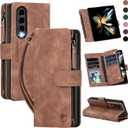 for Samsung Galaxy-Z-Fold-4 Wallet Case: with RFID Blocking Card Slots (6 Cards) & Hidden S Pen Holder | Soft PU Leather Magnetic Snap Zipper Wrist Strap Protective Phone Cover - Brown