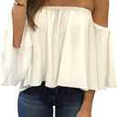 Bluetime Women Summer Off Shoulder Chiffon Blouse Ruffles Short Sleeves Tops Casual T Shirt (XXL, White)