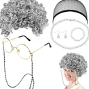 7 Pcs Old Lady Cosplay Set Old Lady Wig Glasses Necklace