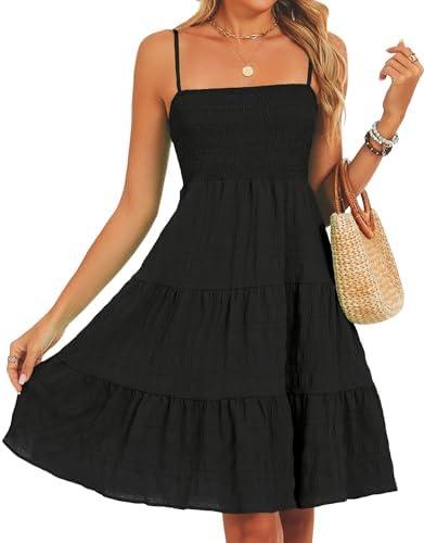 RANPHEE Womens Casual Summer Spaghetti Strap Smocked A Line Beach Vacation Sun Dress Above The Knee, L