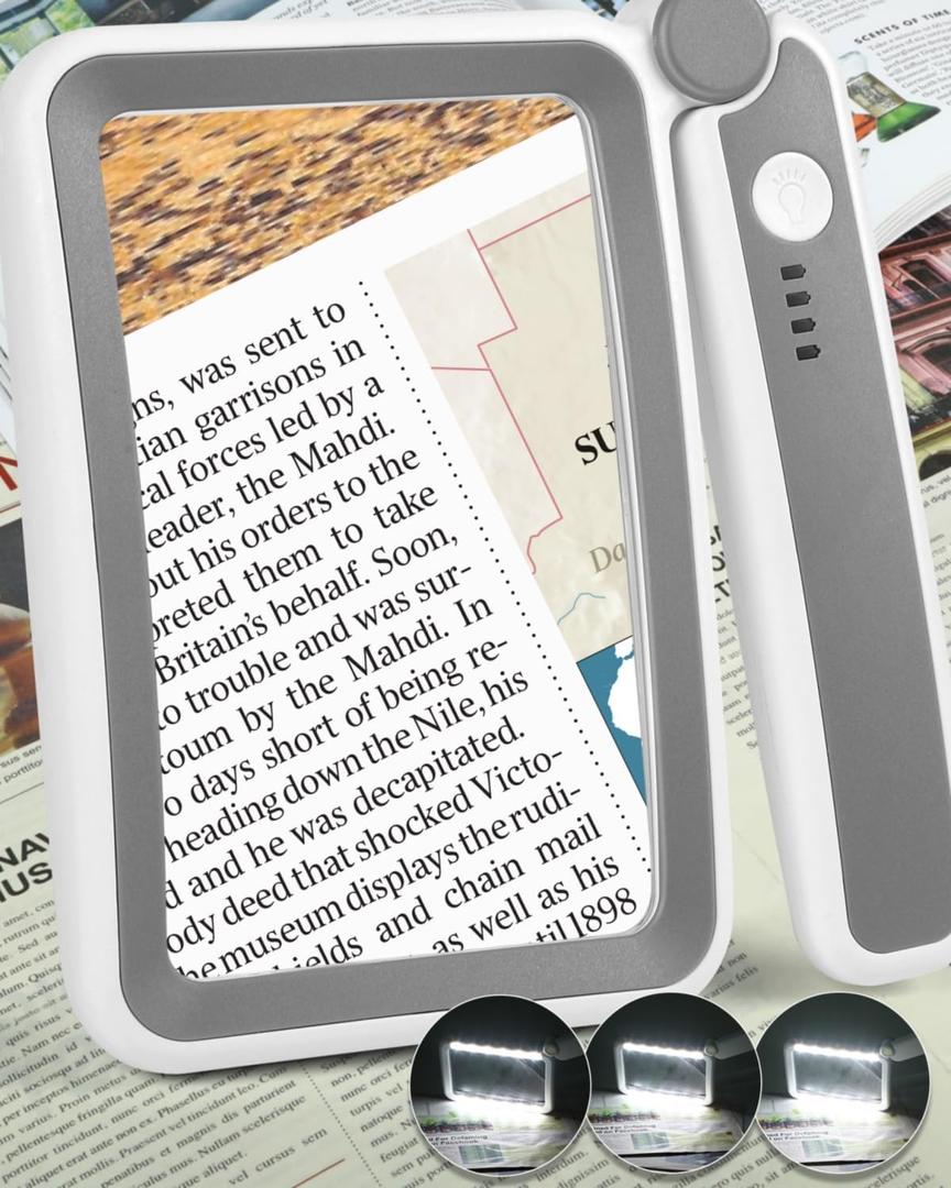 Magnifying Glass with Light, Rechargeable 5X Large Page Magnifier for Reading, Folding Handheld Dimmable, LED Lighted Rectangle Magnifier for Reading Book Small Print for Seniors Low Vision (Grey White)