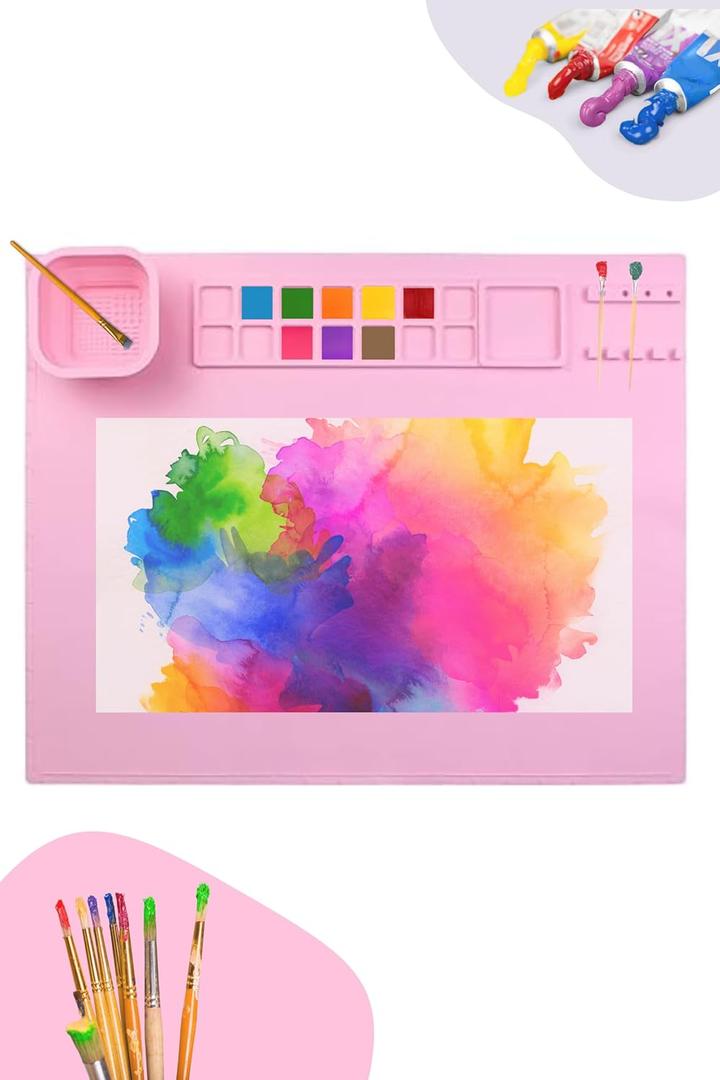 Generic 20" x 16" Silicone Painting Station Mat with Removable Water Cup - Perfect Silicone Drawing Mat for Children, Adults, and Crafts, Pink