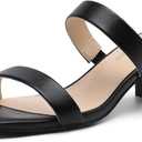 Athlefit Women's Two Strap Open Toe Heels Sandals Chunky Block Comfortable Slip On Low Heel Dress Shoes (11, Black)