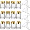12 Pcs Cube Shape Mini Salt and Pepper Shakers Bulk 0.5 oz Small Cube Glass Spice Shaker with Plastic Mini Funnels for Wedding Kitchen Restaurant Travel Camp Party (Golden)