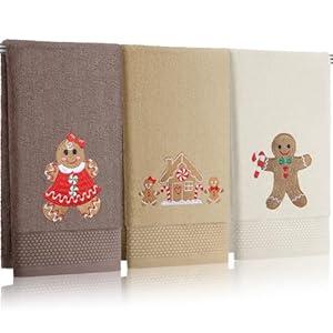 Hillsuren 3 Pcs Christmas Gingerbread Man Hand Towels Farmhouse Gingerbread House Embroidered Brown Decorative Towels for Bathroom Kitchen Decor Winter Set, 100% Cotton, 13.4 x 29''