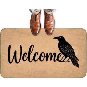 Gothic Raven Doormat for Front Door Outdoor Indoor, Non-Slip Welcome Mat with Vintage Style Black Crow, Entry Rug for Porch, Home, Office, Living Room, Bathroom Decor 29.5x17 Inch, Halloween