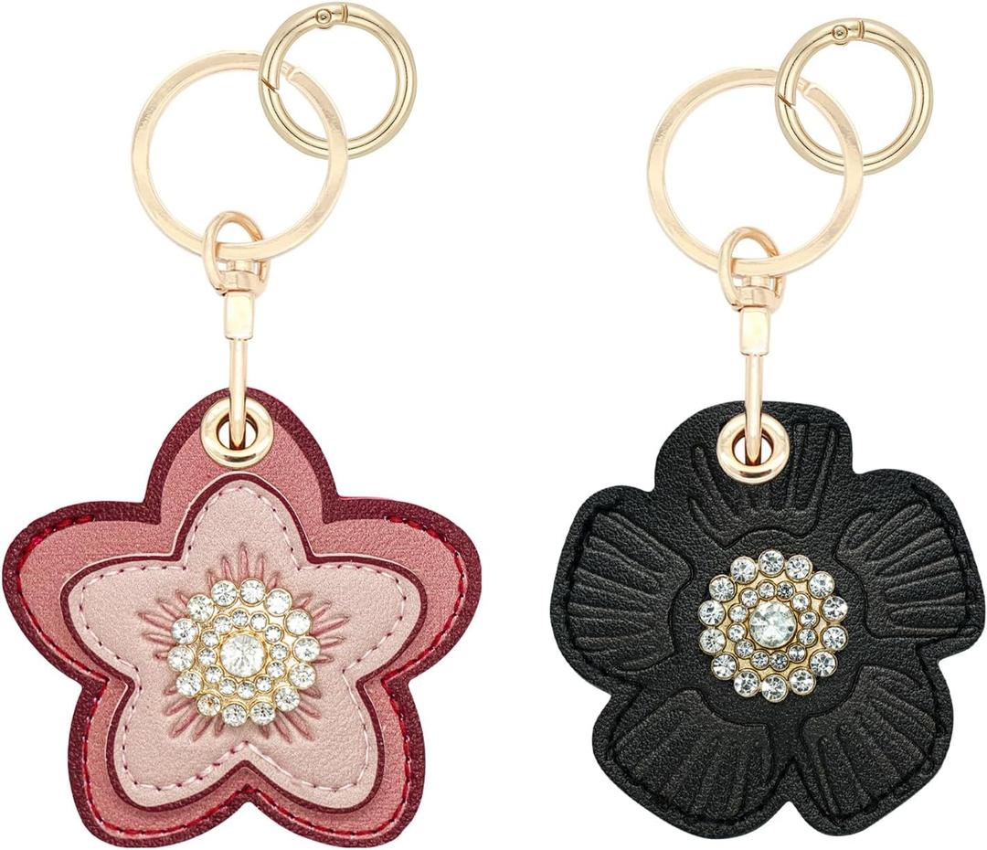 2 Pack Hidden Keychain Holder for Airtag 2nd & 1st - Cute Leather Key Ring Case Cover for Women - Black&Pink Flower