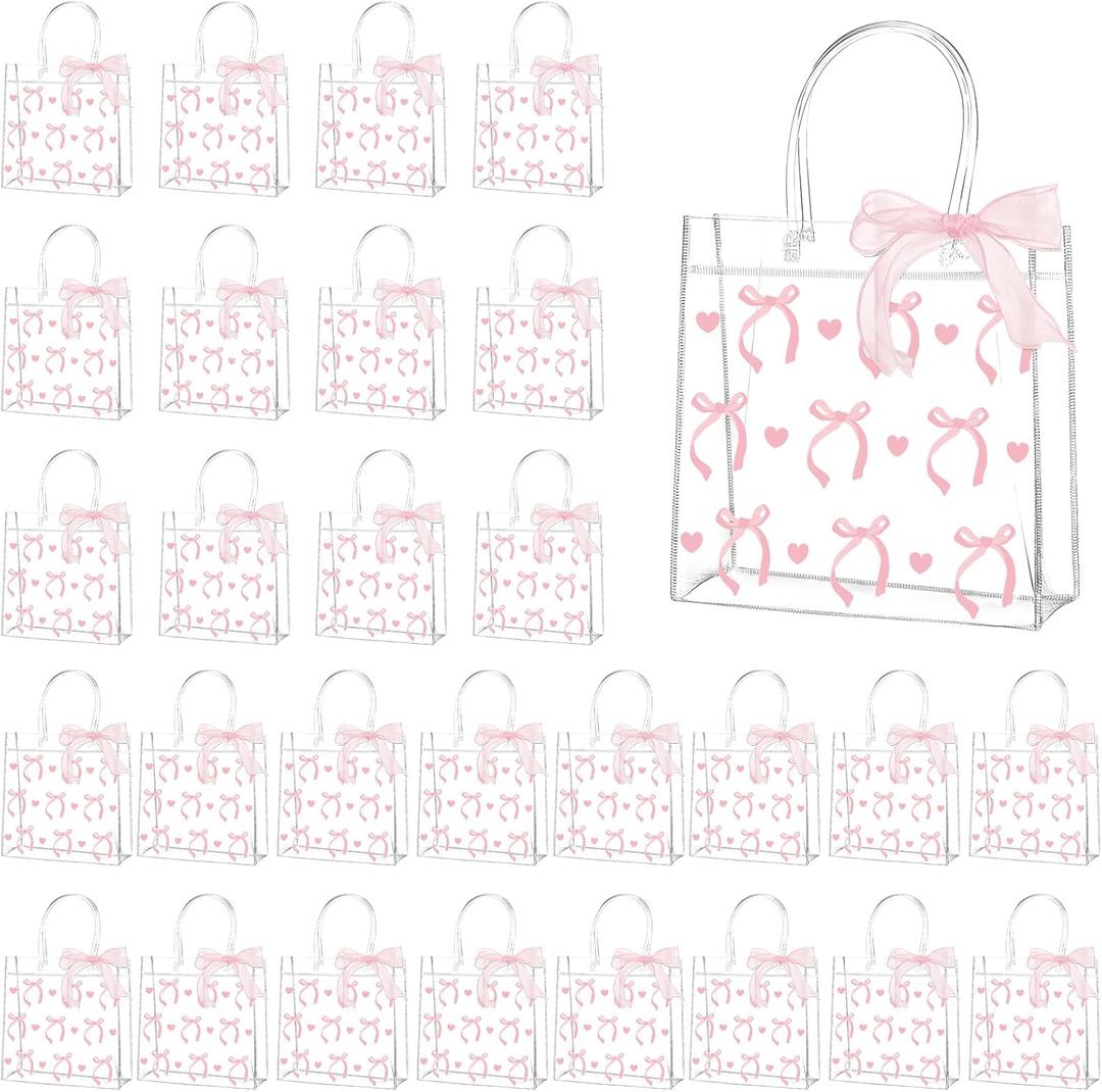 QOUBAI 36Pcs Pink Bow Clear PVC Gift Bags With Handles Ribbon Bowknot Bulk Coquette Bow Goodie Treat Candy Bag Bows Theme Present Wrap Tote Bags for Birthday Party Favor Baby Shower Decoration Supply