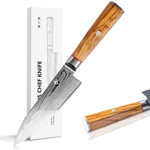 Chef Knife 6 inch Damascus Knife 67-Layer Damascus VG10 Steel- Olive Wood Handle - Razor Sharp Kitchen Knife with Exquisite Box