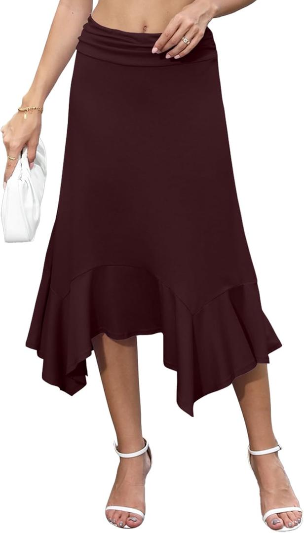 YSYOKOW Midi Skirts for Women High Waisted Asymmetrical Handkerchief Hem Fold Over Waist Flowy Casual Summer Soft Knit Skirt (L)