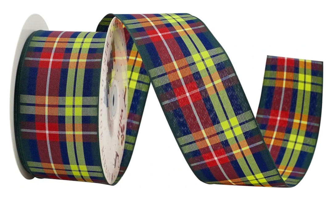 MEEDEE Buchanan Tartan Ribbon 2-1/2" Wide with 25 Yards Red, Blue, White & Yellow Scottish Plaid Polyester Wired Ribbon for Christmas Tree, Wreaths, Bows, Gift Wrap, Weddings, Holiday Crafts