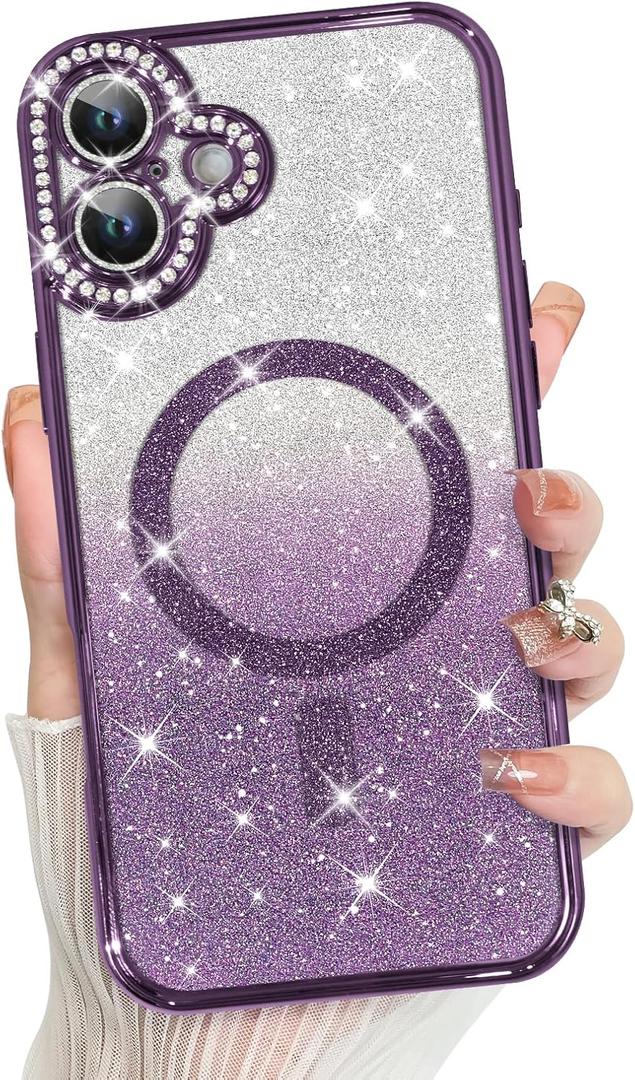 MZELQ Compatible with iPhone 16 Case Plating Magnetic [Support for Magsafe] Bling Glitter Sparkly Back Diamond Camera Lens Cover Crystal Matte Luxury Case for Girls Women -Purple