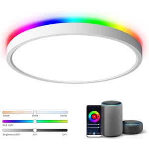 TALOYA 18 Inch Flush Mount Light Fixture Led,Compatible with Alexa Google Assistant Smart Life App,Sleek Round Ceiling Fixture,36+4W Main Light and RGB Night Light Adjustable,Enabled by 2.4G Wi-Fi (White)