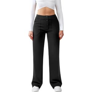 JEKAOYI Womens Casual High Waist Straight Leg Pants Stretchy Button Business Dress Work Pocket Trousers (X-Large, Black)