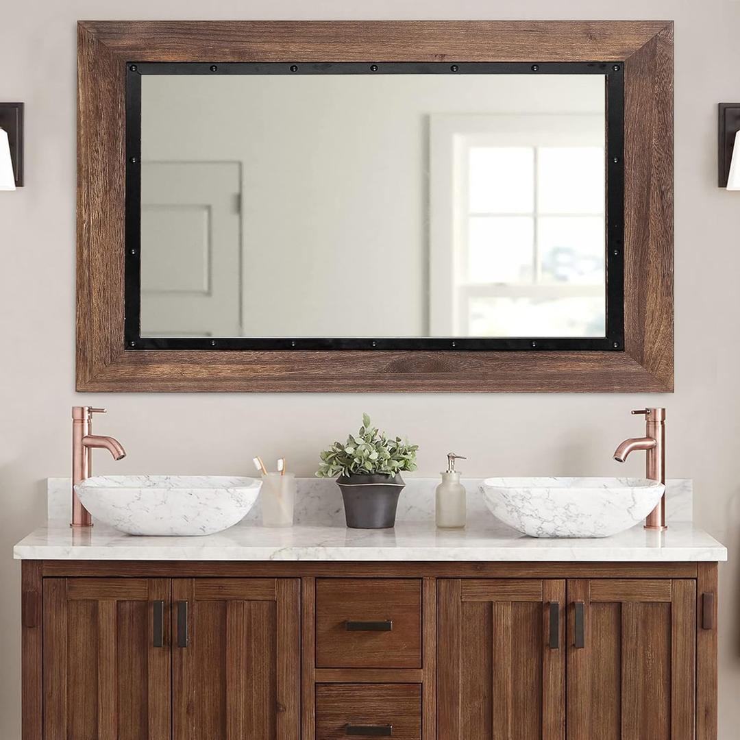 YOSHOOT Rustic Wooden Framed Wall Mirror, 26"x18", Natural Wood and Iron Bathroom Vanity Mirror for Farmhouse Decor, Vertical or Horizontal Hanging