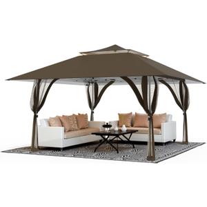 Favofamilie13x13 FT Pop Up Canopy, Instant Setup Gazebo with 4 Sidewall, Wheeled Carry Bag, 4 Sandbags & 4 Ropes, UV-Resistant Top, Heavy Duty Outdoor Shelter for Backyard Camping Events, Brown