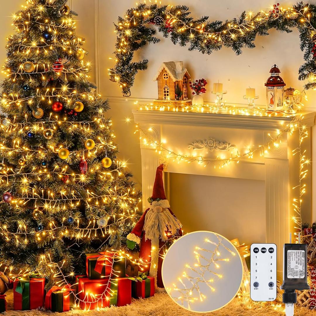 JMEXSUSS 1000 LED 50ft Cluster Lights Christmas Plug in, 8 Modes Christmas String Lights Outdoor Waterproof with Remote, Warm White Firecraker Lights for Christmas Tree Wreath Window Party