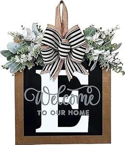 Last Name Year Round Front Door Wreath Front Porch Decoration 26 Letter Welcome Sign with Eucalyptus Garland and Bow Spring Wreaths for Front Door Outside Hanger Garland E