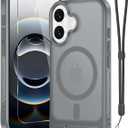 for iPhone 16 Case with Screen Protector+Lanyard Wrist Strap,Magnetic Translucent Matte Rugged Slim Phone Cover Built in Invisible Kickstand [Fit for MagSafe],Grey