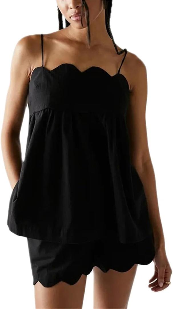 Women 2 Piece Casual Lounge Set Sleeveless Strappy Tie Back Cami Top Wide Leg Shorts 2Pcs Summer Pj Set Beachwear (Medium, Black)