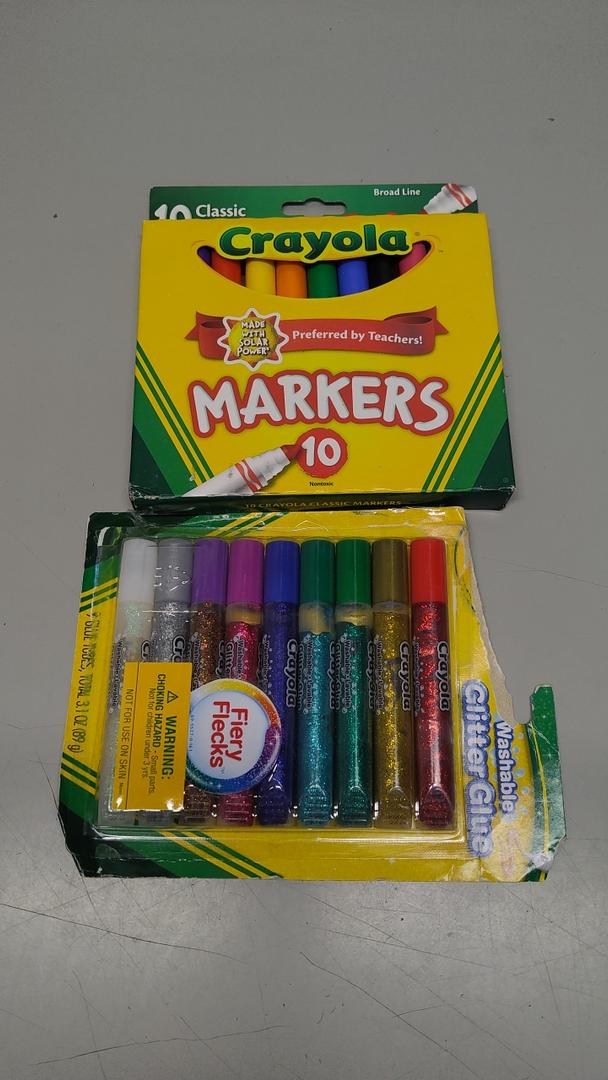 Crayola Washable Glitter Glue 9 Count with Crayola Classic Color Broad Line Markers 10 Count