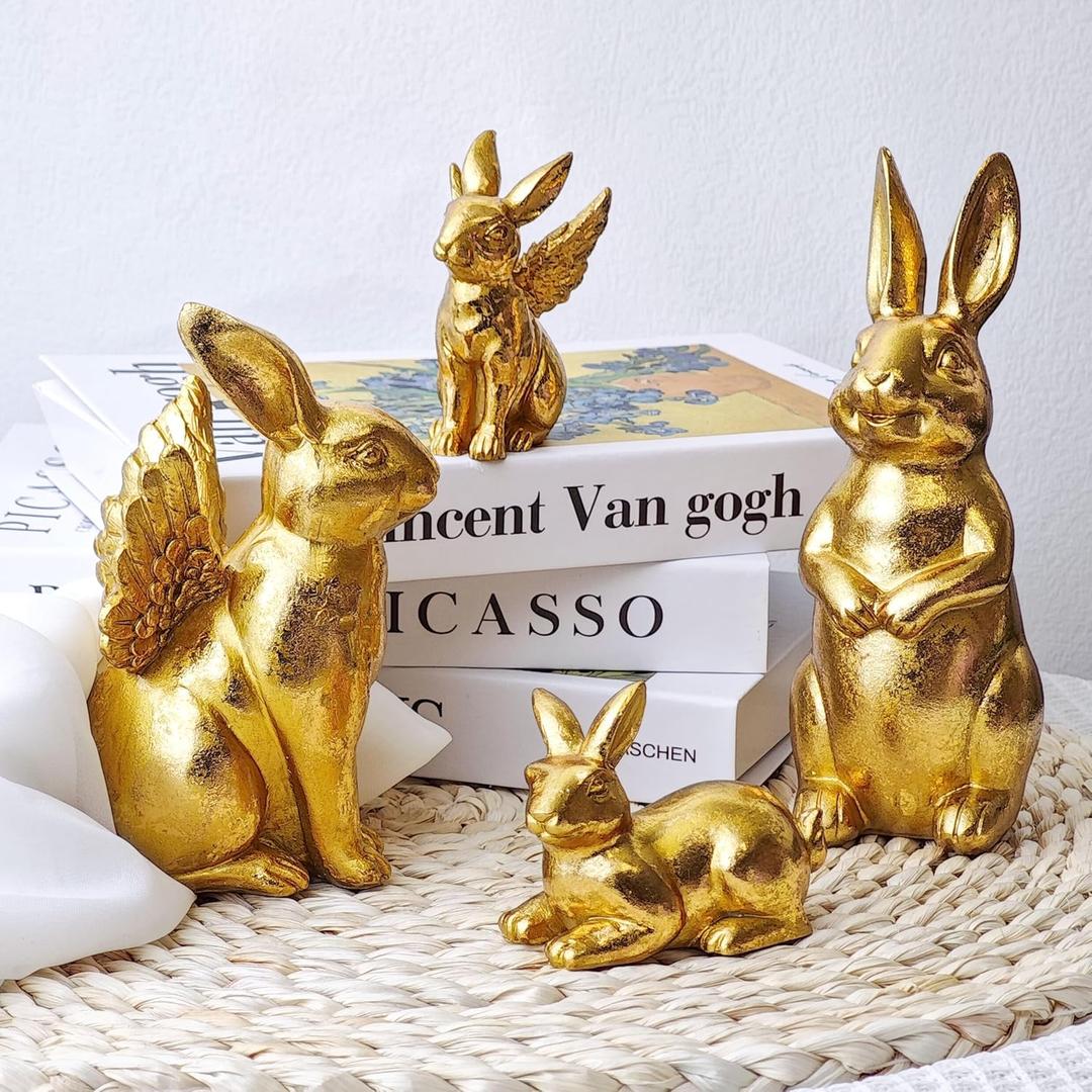 4 Pack 7.3" Gold Bunnies Easter Bunny Figurine, Easter Gold Rabbit Decor Resin Statues for Home Spring Table Ornament Decoration(Rabbit with Wings)