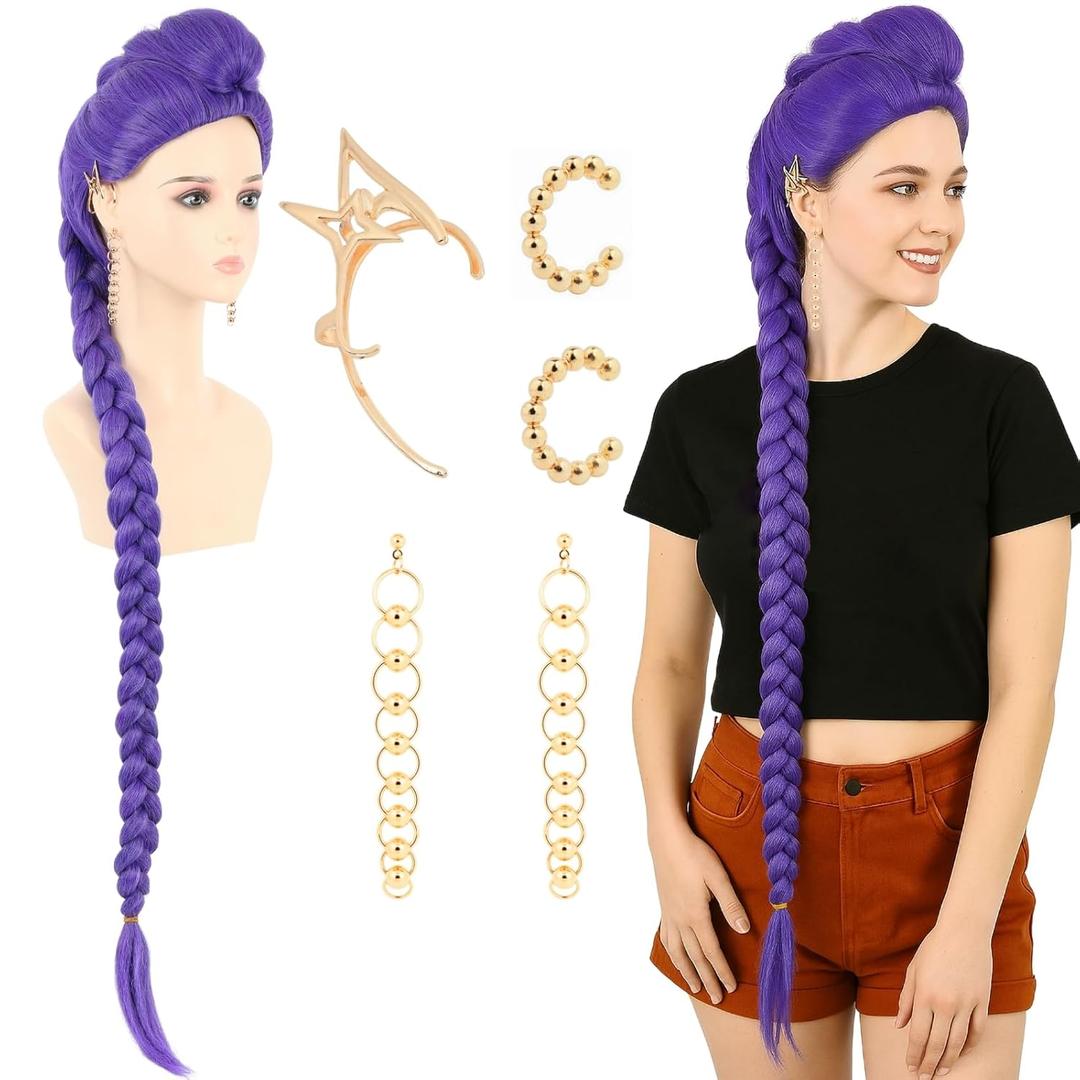 PUREHAIR 47 Inches Long Purple Braided Hair Anime Costume Wig  High Temperature Heat Resistant Silk Fiber  Natural Looking Cosplay Wig for Halloween Party, Cosplay (Purple, Adult Size)