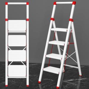 4 Step Ladder, DIAMONDFORGE Folding Step Stool with Wide Anti-Slip Pedal, Anti-Slip Feet and Handgrip, Sturdiest Steel Construction, Steel Ladder for Home, White Red