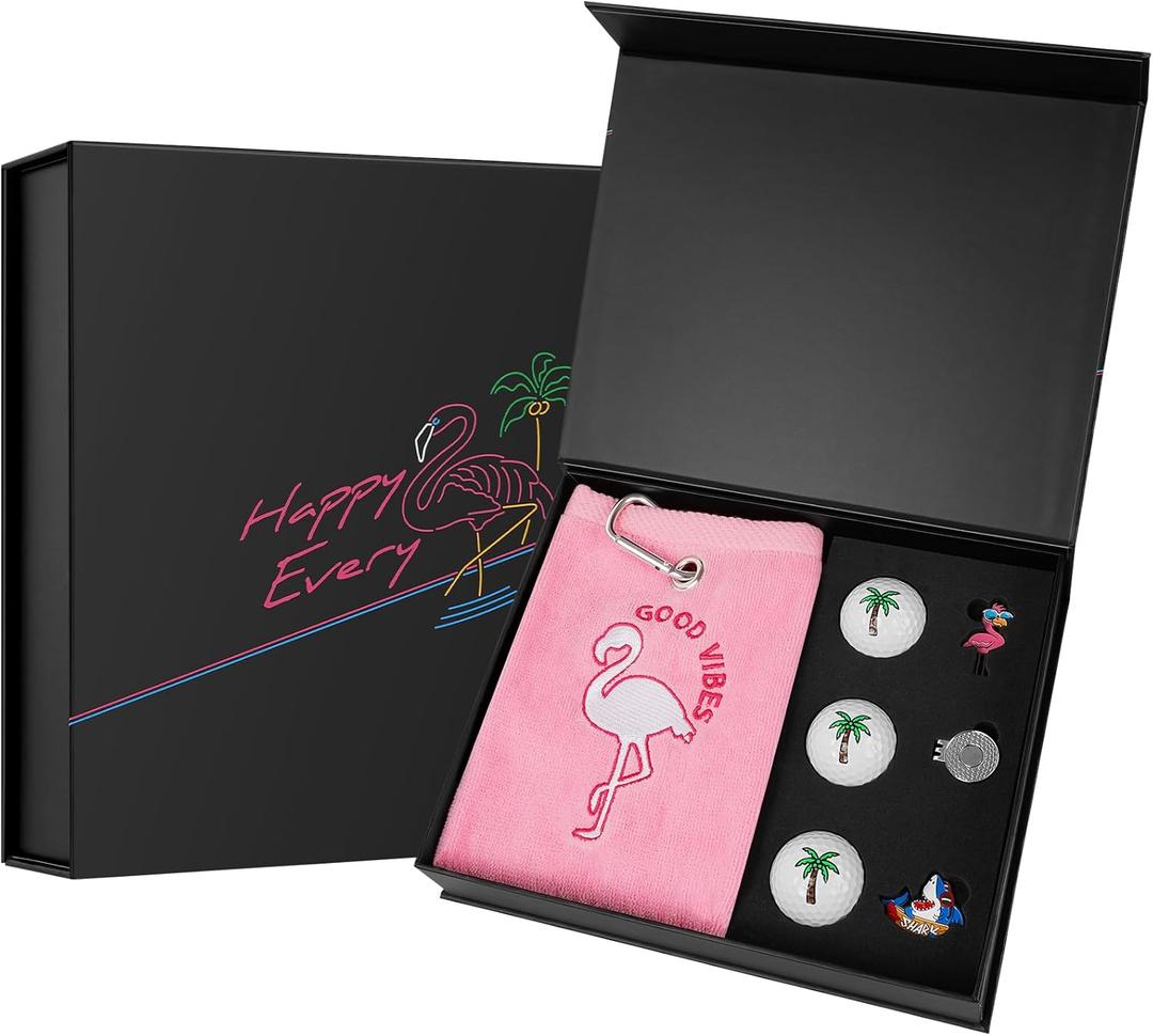 Premium Golf Gift Set: Embroidered Jacquard Checked Pattern Pink Golf Towel, 3 Golf Balls, and 2 Golf Ball Markers with Hat Clip, Ultimate Christmas Golf Gift for Men Women (Flamingo Box)