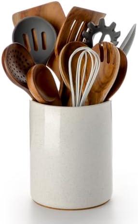 Nucookery Utensil Holder, 6.4" Ceramic Kitchen Utensil Holder for Countertop with Protection Cork Bottom, Vintage Farmhouse Kitchen Decor for Counter, Gift (Sand)