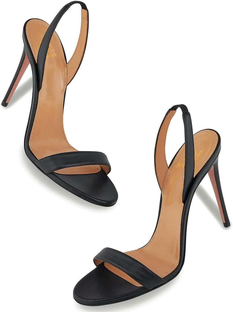 LEHOOR Women Slingback Stiletto Heels Dress Sandals Backless Strappy Heeled Sandal Open Round Toe Formal Sandals 4 Inch High Heel Elastic Ankle Strap Classy Evening Sandals for Wedding Party, Size 5.5M