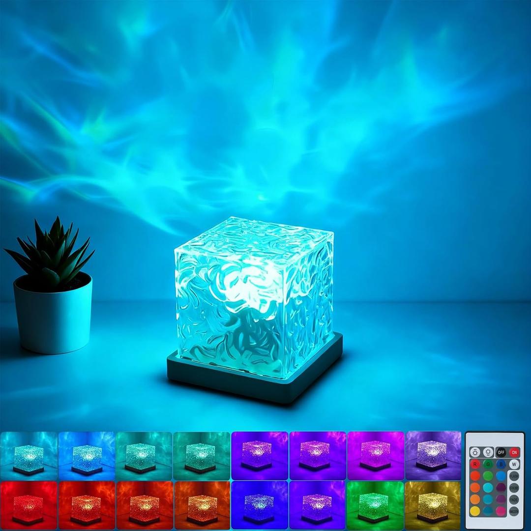 Aurora Ocean Wave Lights Projector,16 Colors 4 Modes Cube Color Changing Light Dimmable, Ambient Mood Lamp for Shower, Crystal Northern Lights for Bedroom Bathroom Playroom, with Remote (Large), Large-USB Plug In