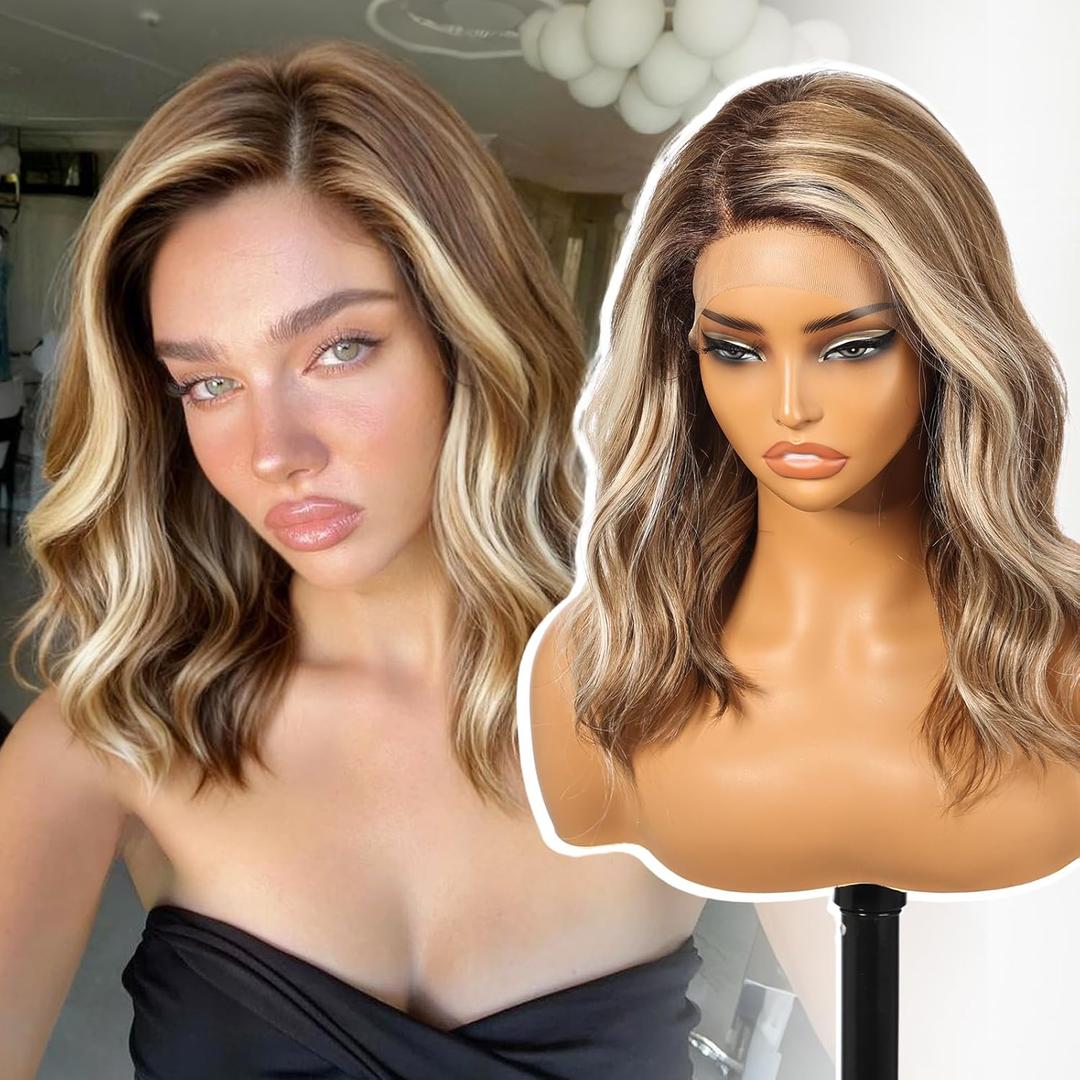 KOME Brown Highlight Synthetic Lace Front Wig,Side Part Short Curly Bob Wig,Shoulder Length Wig for Women Daily Use 16IN