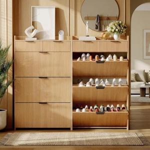 IDEALHOUSE Modern Shoe Cabinet with 3 Flip Drawers & 2 Small Drawers & Hook, Slim Fluted Shoe Storage Organizer, Narrow Entryway Cabinet for Apartment, (Wood Color, 3 Flip Drawers) Natural