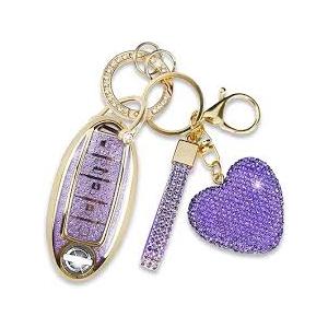 Key Fob Cover with Diamond Keychain, Car Key Holder Compatible with Nissan Altima Rogue Sentra Pathfinder Frontier Maxima Titan Murano Kicks Juke Versa Armada GTR 5 Buttons, (Purple-Heart)