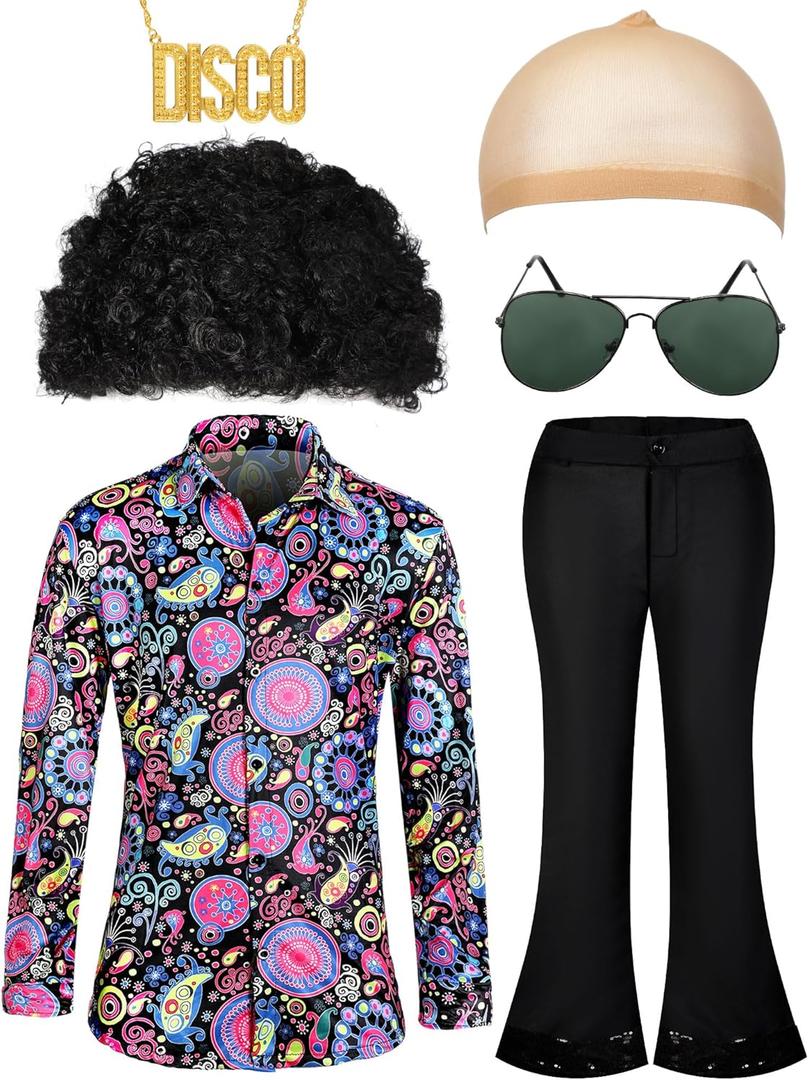 Mepase 6 Pcs Men 70s Disco Costumes Include Retro Shirt Bell Bottom Pants Wig Sunglasses Necklace Wig Cap for Disco Party (Large)