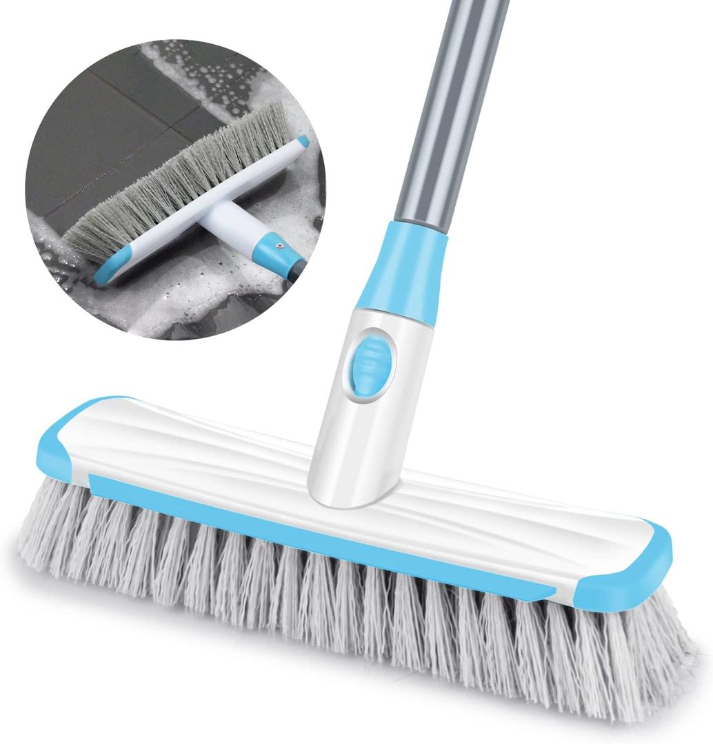 Floor Scrubber with Long Handle, 2 in 1 Scrubbing Brush Stiff Bristle Shower Cleaning Brush for Bathroom, Kitchen, Tub, Carpet, Grout, Tile(Blue)