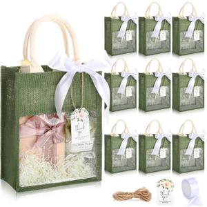 Sweetude 10 Pack Wedding Burlap Bags Bulk with Handle Jute Tote Bags with Clear Window Party Gift Bachelorette Favor with Thank You Cards Reusable Welcome Gift Supplies, 10.5x 8x 4.25 in (Green)