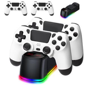 AROEVEIB 2 Pack Controller with Charger Dock for PS4 Wireless Game Controller, with LED Charging Dock Station, 2 USB Cable (Black White)